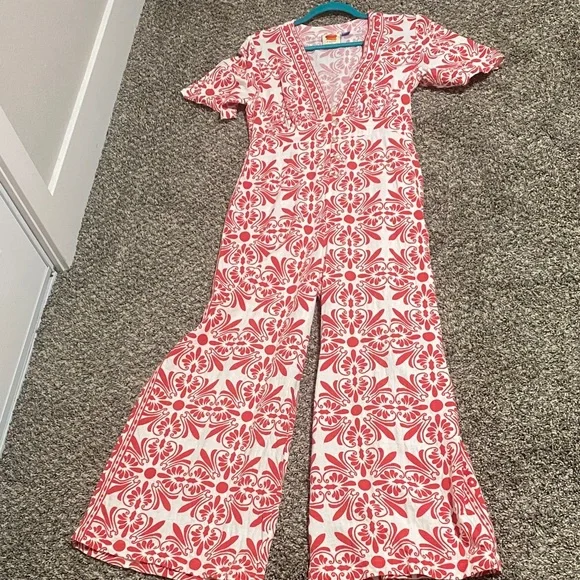 Anthropologie FARMRIO Linen Blend Red and White Patterned Jumpsuit